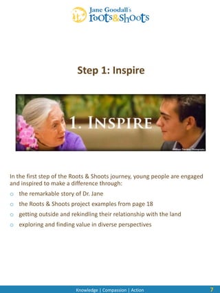 Knowledge | Compassion | Action
In the first step of the Roots & Shoots journey, young people are engaged
and inspired to make a difference through:
o the remarkable story of Dr. Jane
o the Roots & Shoots project examples from page 18
o getting outside and rekindling their relationship with the land
o exploring and finding value in diverse perspectives
7
Step 1: Inspire
 