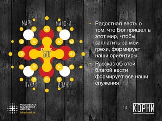 • Радостная весть о
том, что Бог пришел в
этот мир, чтобы
заплатить за мои
грехи, формирует
наши ориентиры.
• Рассказ об этой
благой вести
формирует все наши
служения
14
 