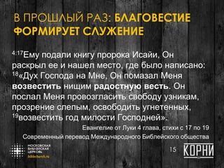 В ПРОШЛЫЙ РАЗ: БЛАГОВЕСТИЕ
ФОРМИРУЕТ СЛУЖЕНИЕ
4:17Ему подали книгу пророка Исайи, Он
раскрыл ее и нашел место, где было написано:
18«Дух Господа на Мне, Он помазал Меня
возвестить нищим радостную весть. Он
послал Меня провозгласить свободу узникам,
прозрение слепым, освободить угнетенных,
19возвестить год милости Господней».
Евангелие от Луки 4 глава, стихи с 17 по 19
Современный перевод Международного Библейского общества
15
 