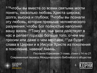 3:18чтобы вы вместе со всеми святыми могли
понять, насколько любовь Христа широка,
долга, высока и глубока; 19чтобы вы познали
эту любовь, которая превыше человеческого
разумения; чтобы Бог полностью наполнял
вашу жизнь. 20Тому же, чья сила действует в
нас и делает гораздо больше того, о чем мы
просим или даже о чем мечтаем, 21да будет
слава в Церкви и в Иисусе Христе из поколения
в поколение, навеки! Aминь.
Послание Ефесянам 3 глава, стихи с 14 по 21
Современный перевод Международного Библейского общества
6
 