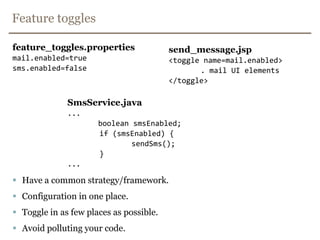 Feature branching vs. Continuous IntegrationFeature 1BIG SCARY MERGEFeature 2Feature 1OKFeature 2