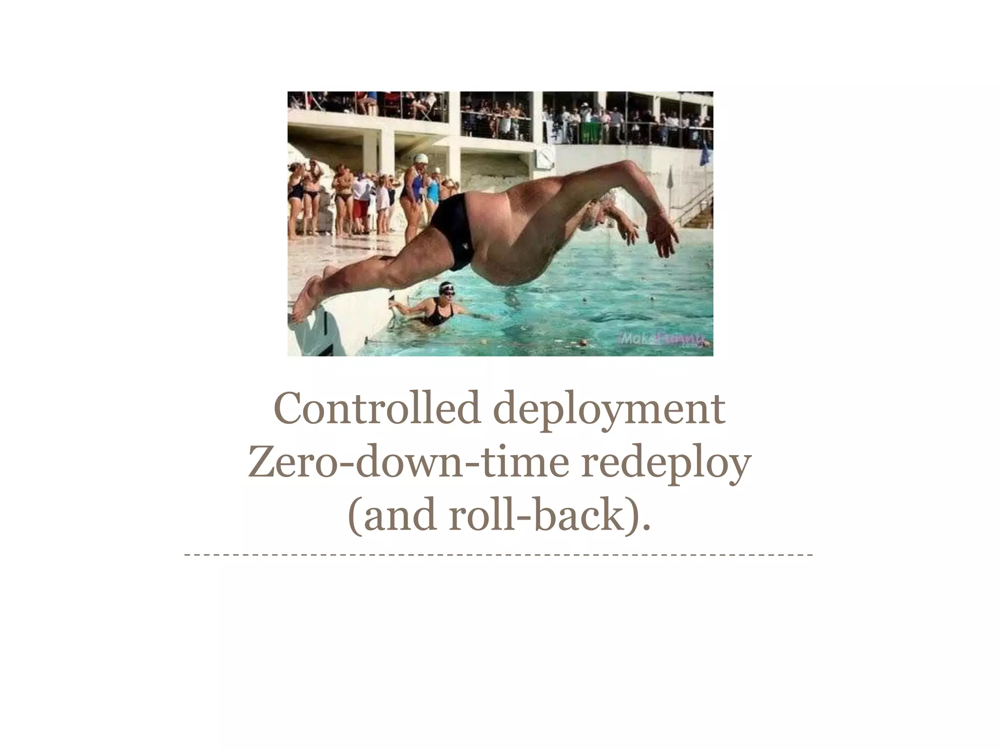 Avoiding the Big Scary MergeThe problem with continuous integration:Potentially unfinished features in mainline.Hence you can not deploy whenever you want.The Digipost project:13 developers.uses feature branching and releases to production every week.have never had serious merge problems.Keep your features small!Improve the features iteratively.You can check in unfinished features (!)As long as it doesn’t compromise the rest of the system.Use feature toggles.