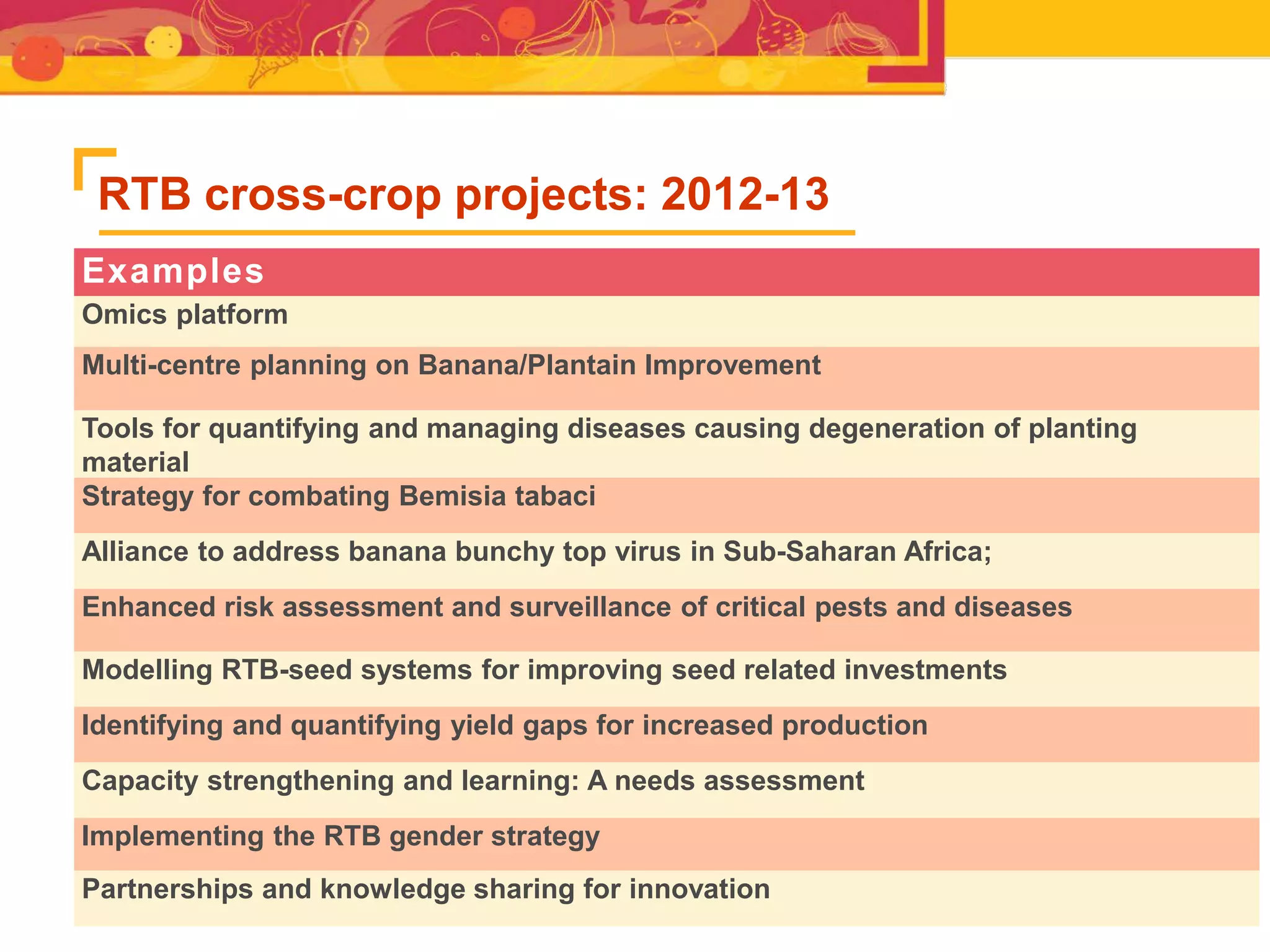 RTB cross-crop projects: 2012-13
Examples
Omics platform
Multi-centre planning on Banana/Plantain Improvement
Tools for quantifying and managing diseases causing degeneration of planting
material
Strategy for combating Bemisia tabaci
Alliance to address banana bunchy top virus in Sub-Saharan Africa;
Enhanced risk assessment and surveillance of critical pests and diseases
Modelling RTB-seed systems for improving seed related investments
Identifying and quantifying yield gaps for increased production
Capacity strengthening and learning: A needs assessment
Implementing the RTB gender strategy
Partnerships and knowledge sharing for innovation
 