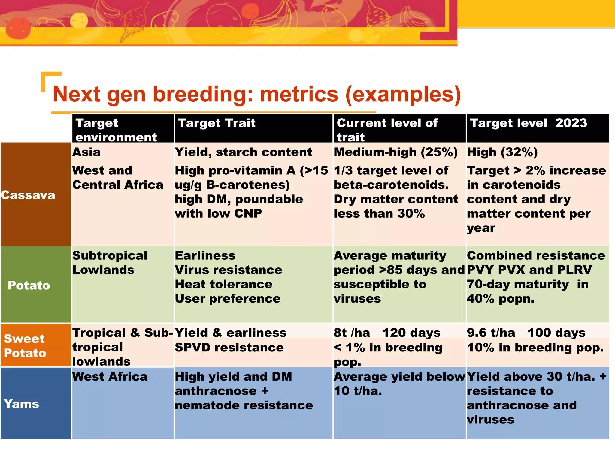 Next gen breeding: metrics (examples)
Target
environment
Target Trait Current level of
trait
Target level 2023
Cassava
Asia Yield, starch content Medium-high (25%) High (32%)
West and
Central Africa
High pro-vitamin A (>15
ug/g B-carotenes)
high DM, poundable
with low CNP
1/3 target level of
beta-carotenoids.
Dry matter content
less than 30%
Target > 2% increase
in carotenoids
content and dry
matter content per
year
Potato
Subtropical
Lowlands
Earliness
Virus resistance
Heat tolerance
User preference
Average maturity
period >85 days and
susceptible to
viruses
Combined resistance
PVY PVX and PLRV
70-day maturity in
40% popn.
Sweet
Potato
Tropical & Sub-
tropical
lowlands
Yield & earliness 8t /ha 120 days 9.6 t/ha 100 days
SPVD resistance < 1% in breeding
pop.
10% in breeding pop.
Yams
West Africa High yield and DM
anthracnose +
nematode resistance
Average yield below
10 t/ha.
Yield above 30 t/ha. +
resistance to
anthracnose and
viruses
 