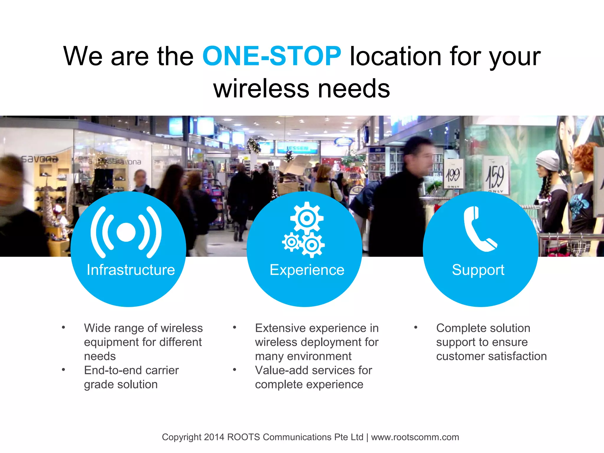 We are the ONE-STOP location for your
wireless needs

Infrastructure

•
•

Wide range of wireless
equipment for different
needs
End-to-end carrier
grade solution

Experience

•
•

Extensive experience in
wireless deployment for
many environment
Value-add services for
complete experience

Support

•

Complete solution
support to ensure
customer satisfaction

Copyright 2014 ROOTS Communications Pte Ltd | www.rootscomm.com

 