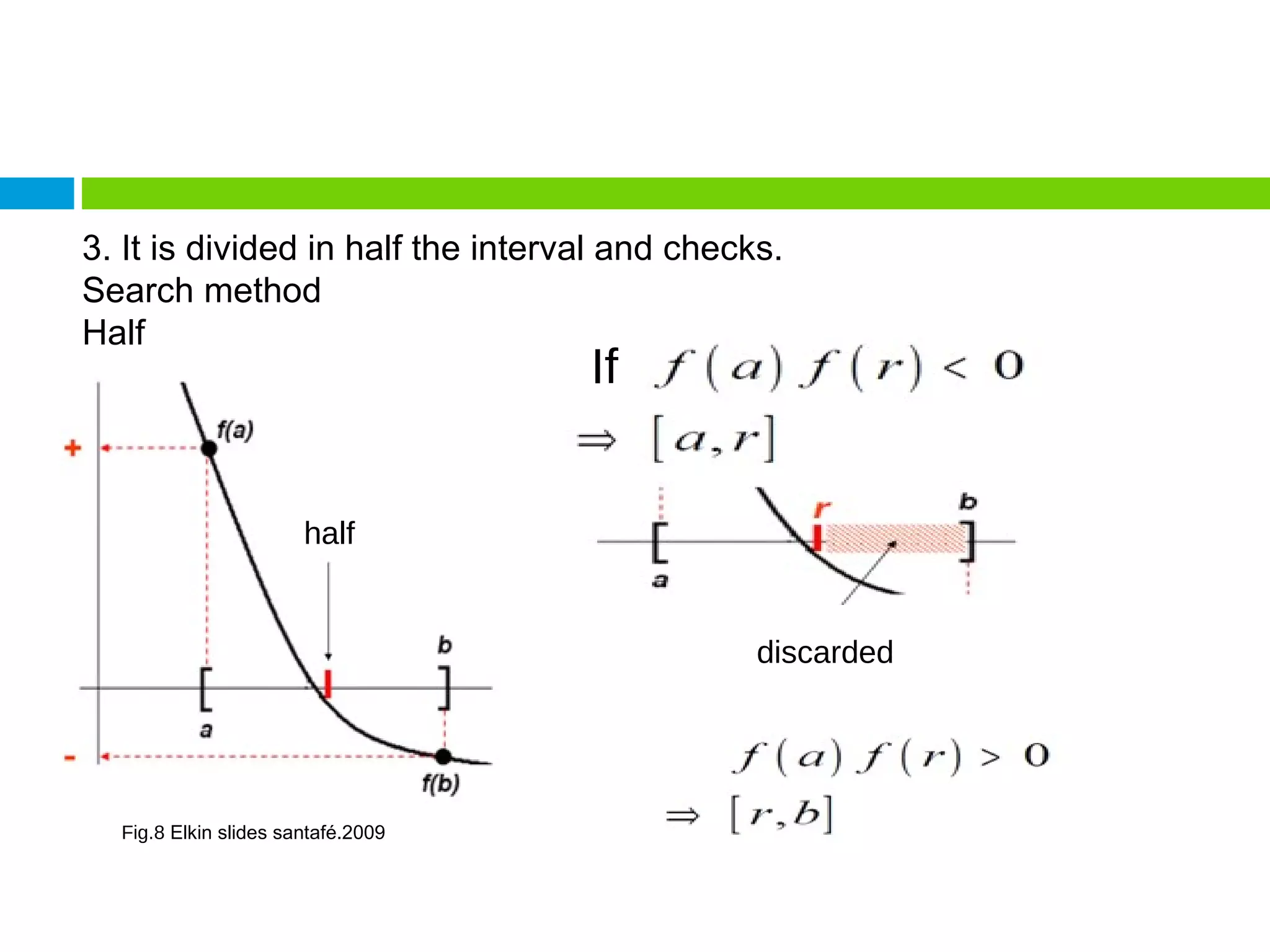 3. It is divided in half the interval and checks. Search method Half If discarded half Fig.8  Elkin slides santafé.2009 
