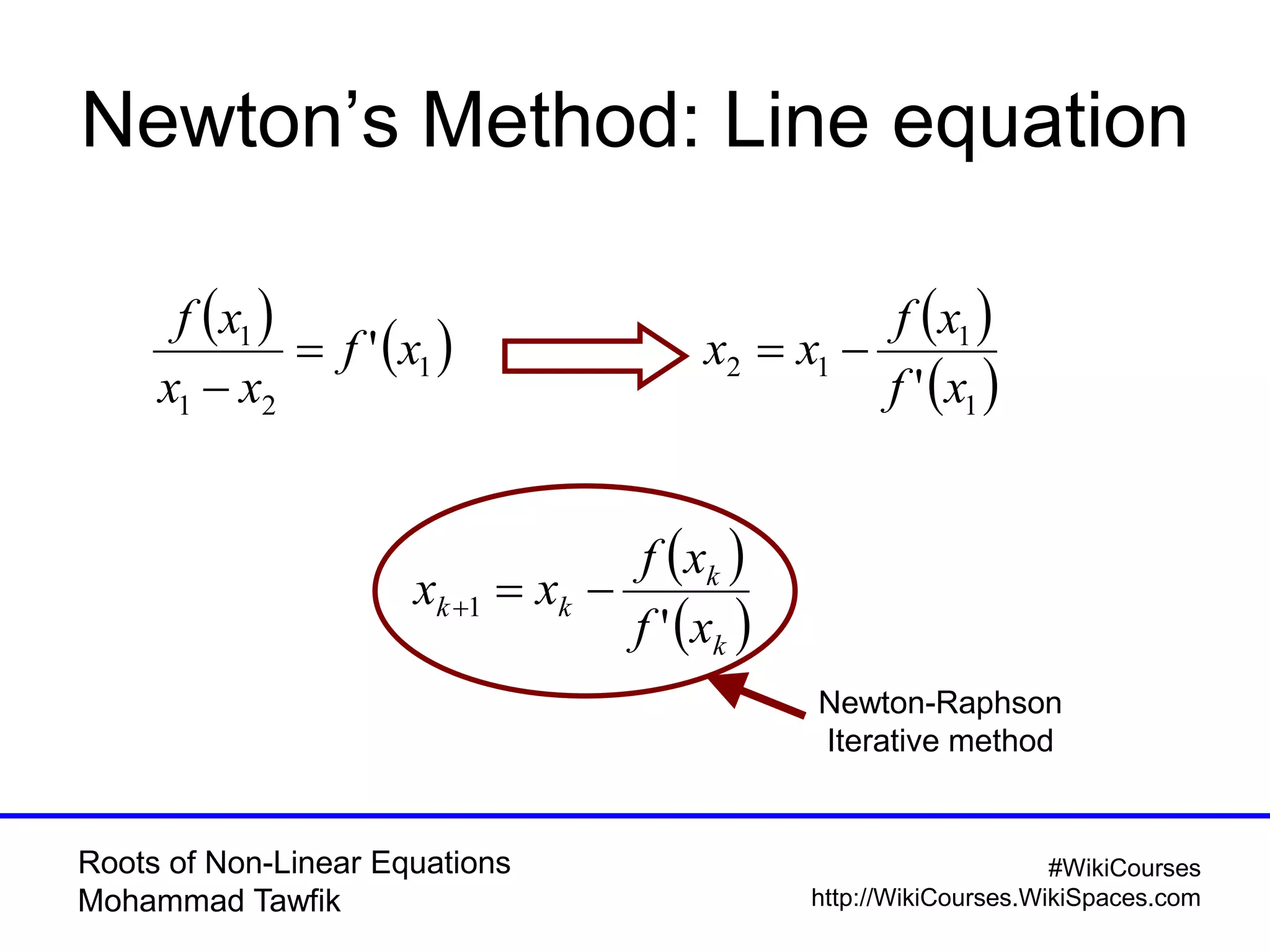 Roots of Non-Linear Equations
Mohammad Tawfik
#WikiCourses
http://WikiCourses.WikiSpaces.com
Newton’s Method: Line equation
   1
21
1
' xf
xx
xf


 
 1
1
12
' xf
xf
xx 
 
 k
k
kk
xf
xf
xx
'
1 
Newton-Raphson
Iterative method
 