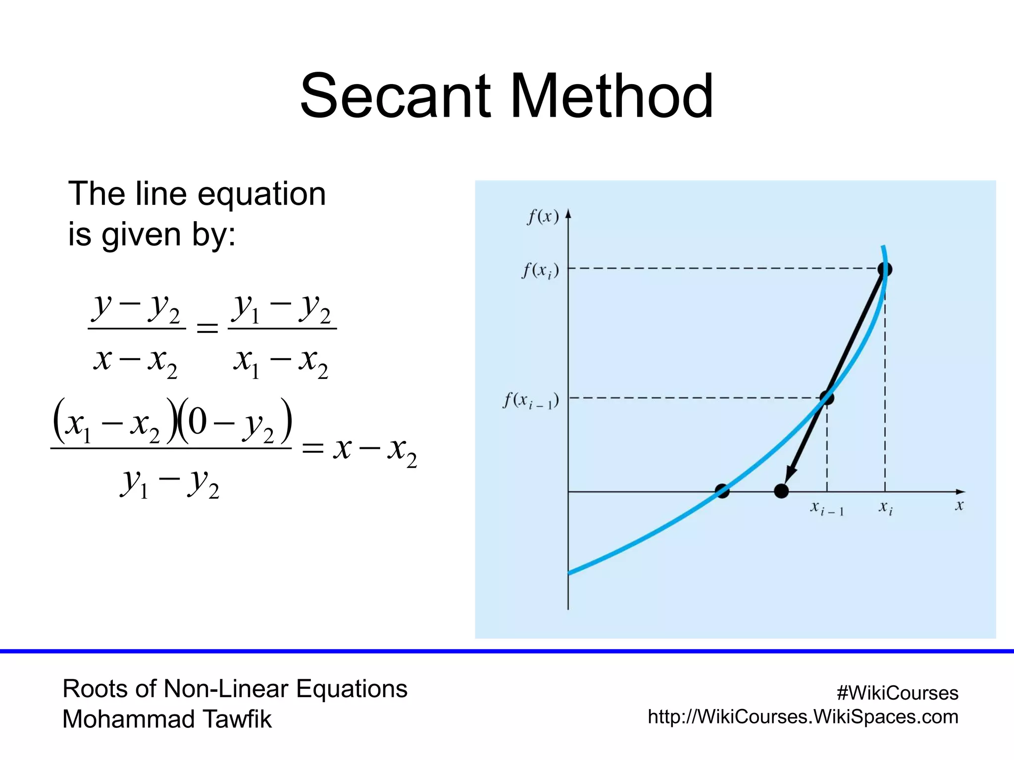 Roots of Non-Linear Equations
Mohammad Tawfik
#WikiCourses
http://WikiCourses.WikiSpaces.com
Secant Method
21
21
2
2
xx
yy
xx
yy





The line equation
is given by:
  
2
21
221 0
xx
yy
yxx



 