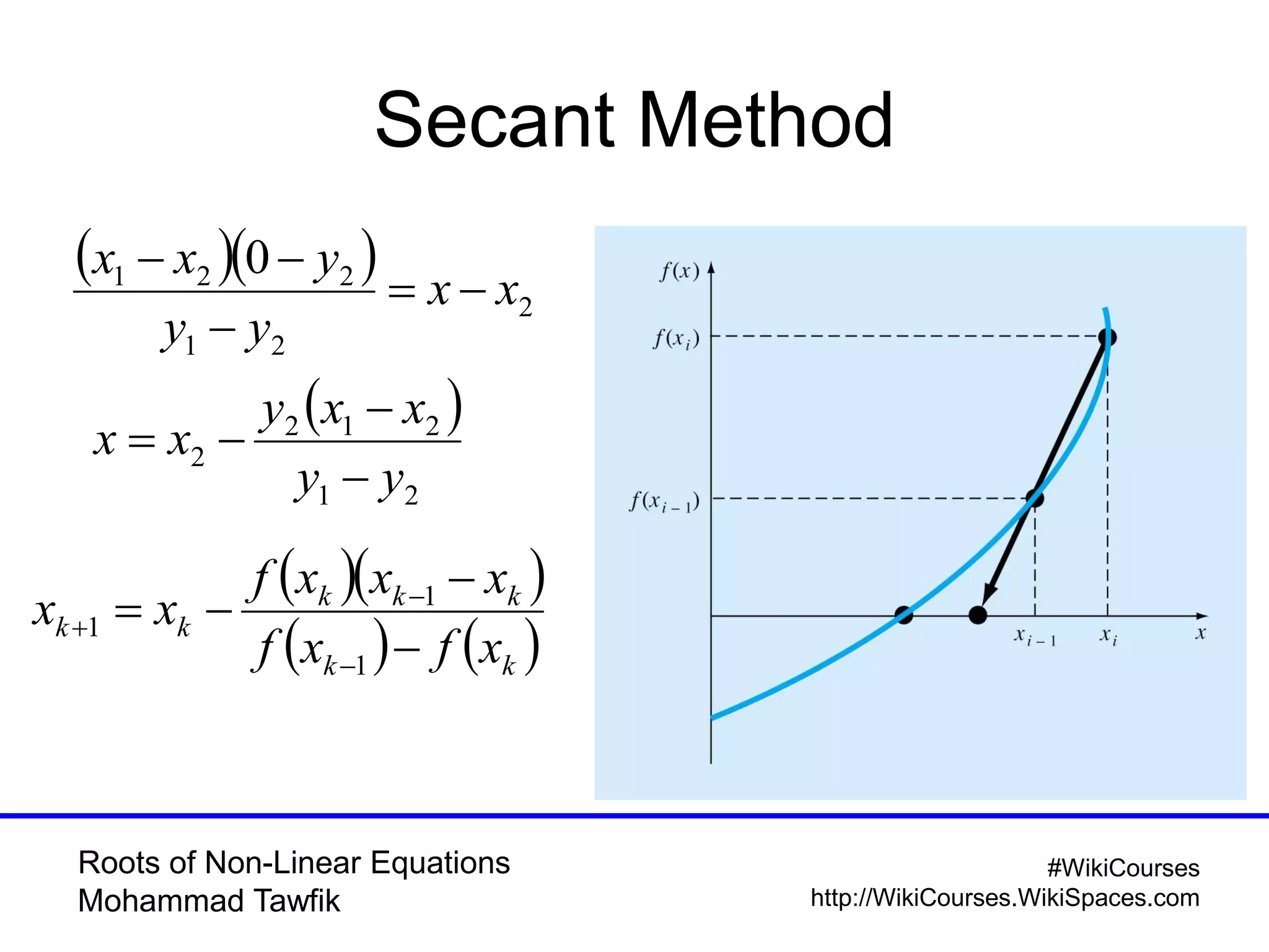 Roots of Non-Linear Equations
Mohammad Tawfik
#WikiCourses
http://WikiCourses.WikiSpaces.com
Secant Method
  
2
21
221 0
xx
yy
yxx



 
21
212
2
yy
xxy
xx



  
   kk
kkk
kk
xfxf
xxxf
xx






1
1
1
 