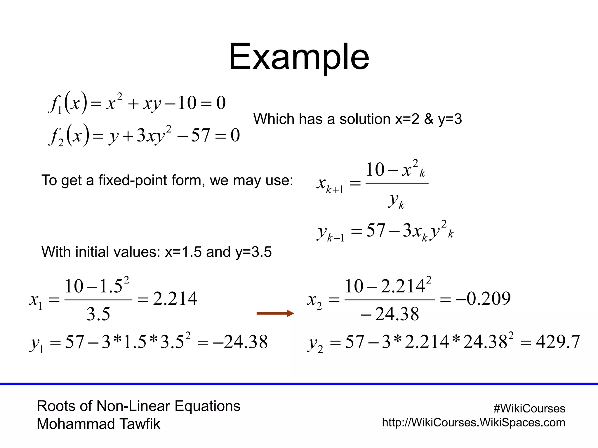 Roots of Non-Linear Equations
Mohammad Tawfik
#WikiCourses
http://WikiCourses.WikiSpaces.com
Example
 
  0573
010
2
2
2
1


xyyxf
xyxxf
Which has a solution x=2 & y=3
To get a fixed-point form, we may use:
With initial values: x=1.5 and y=3.5
kkk
k
k
k
yxy
y
x
x
2
1
2
1
357
10





38.245.3*5.1*357
214.2
5.3
5.110
2
1
2
1




y
x
7.42938.24*214.2*357
209.0
38.24
214.210
2
2
2
2





y
x
 