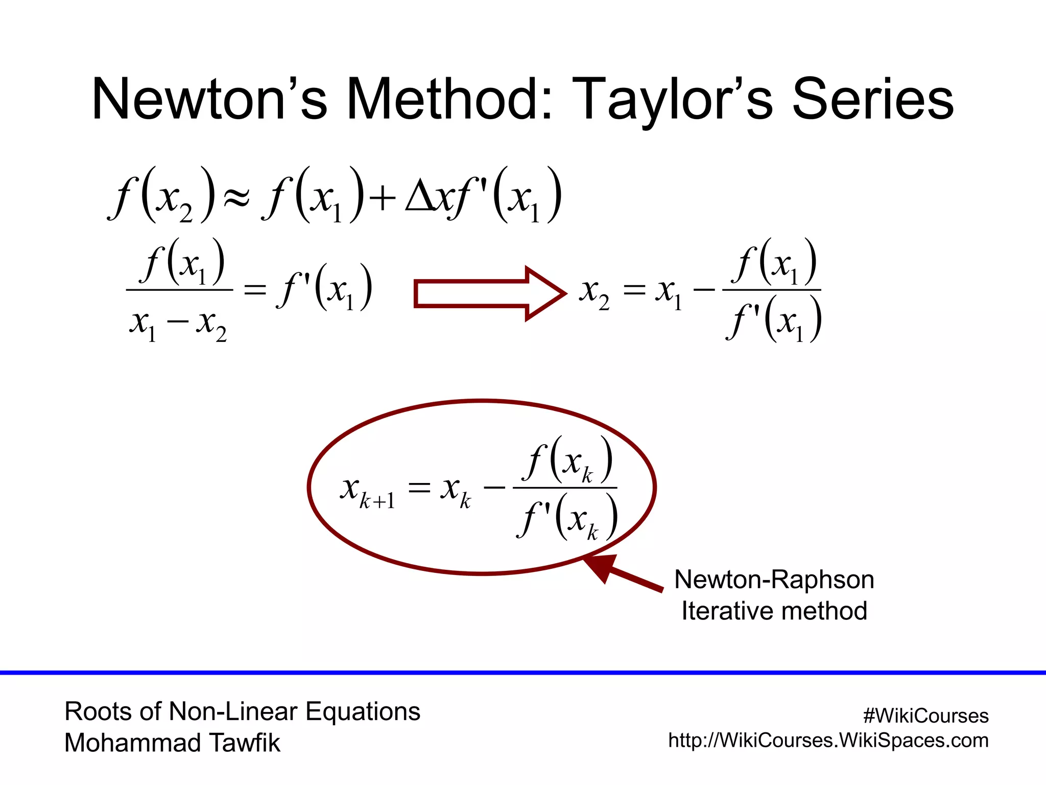Roots of Non-Linear Equations
Mohammad Tawfik
#WikiCourses
http://WikiCourses.WikiSpaces.com
Newton’s Method: Taylor’s Series
   1
21
1
' xf
xx
xf


 
 1
1
12
' xf
xf
xx 
 
 k
k
kk
xf
xf
xx
'
1 
Newton-Raphson
Iterative method
     112 ' xxfxfxf 
 