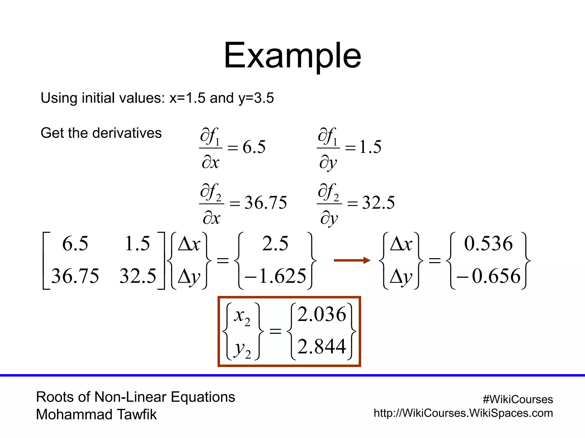 Roots of Non-Linear Equations
Mohammad Tawfik
#WikiCourses
http://WikiCourses.WikiSpaces.com
Example
Using initial values: x=1.5 and y=3.5
Get the derivatives
5.3275.36
5.15.6
22
11












y
f
x
f
y
f
x
f






















625.1
5.2
5.3275.36
5.15.6
y
x
















656.0
536.0
y
x













844.2
036.2
2
2
y
x
 