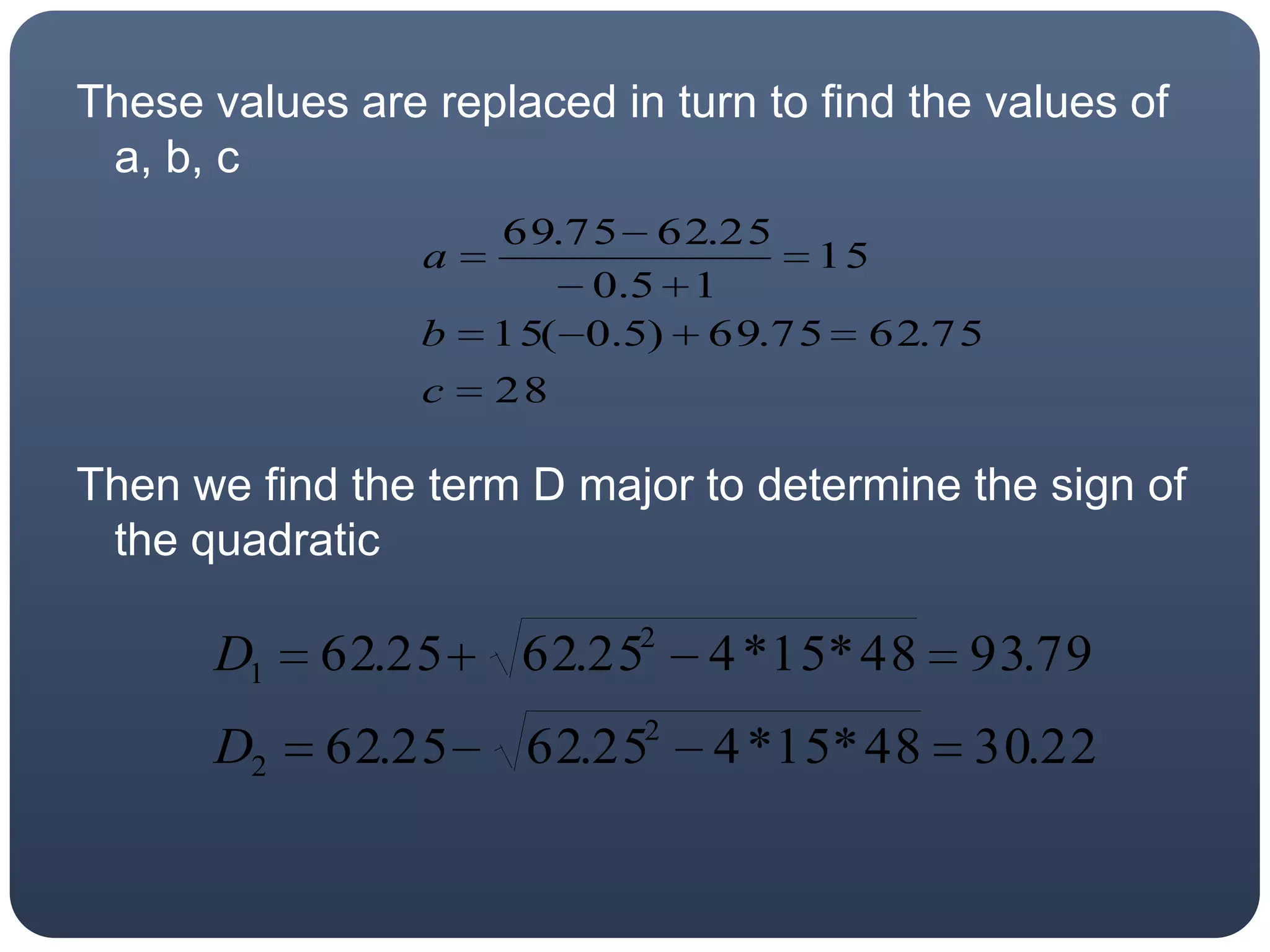 These values are replaced in turn to find the values of a, b, cThen we find the term D major to determine the sign of the quadratic