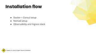 Experts in Linux & Open Source Solutions
Installation flow
● Docker + Consul setup
● Nomad setup
● Observability and Ingress stack
 