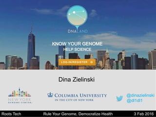 Yaniv Erlich2/3/16 Rule Your Genome, Democratize Health @dl1dl1Roots Tech Rule Your Genome, Democratize Health 3 Feb 2016
@dinazielinski
@dl1dl1
Dina Zielinski
 