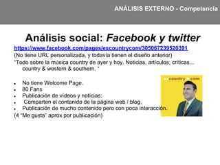 ANÁLISIS EXTERNO - Competencia




    Análisis social: Facebook y twitter
https://www.facebook.com/pages/escountrycom/305...