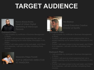 TARGET AUDIENCE
Ramon Alvarez-Smikle
Outreach Plan:
• I will complete my certificate in Business Management
in Music.
• To which I will send an email explaining that I am a
student reaching out for some further information in this
career.
• Further I will make contact in the next week, and if there
is no response, I will wait until after completing these
courses.
Head of Urban Digital
Marketing at Interscope
Records
Alex Bodman
Outreach Plan:
• I will complete my certificate in Business Management
in Music.
• To which I will send an email explaining that I am a
student reaching out for some further information in this
career.
• Further I will make contact in the next week, and if there
is no response, I will wait until after completing these
courses.
Global Executive Creative
Director at Spotify
Alessandro Filippo Ficarelli
Outreach Plan:
• I will complete my certificate in Business Management
in Music.
• To which I will send an email explaining that I am a
student reaching out for some further information in this
career.
• Further I will make contact in the next week, and if there
is no response, I will wait until after completing these
courses.
SVP & CREATIVE DIRECTOR
AT PANDORA
 