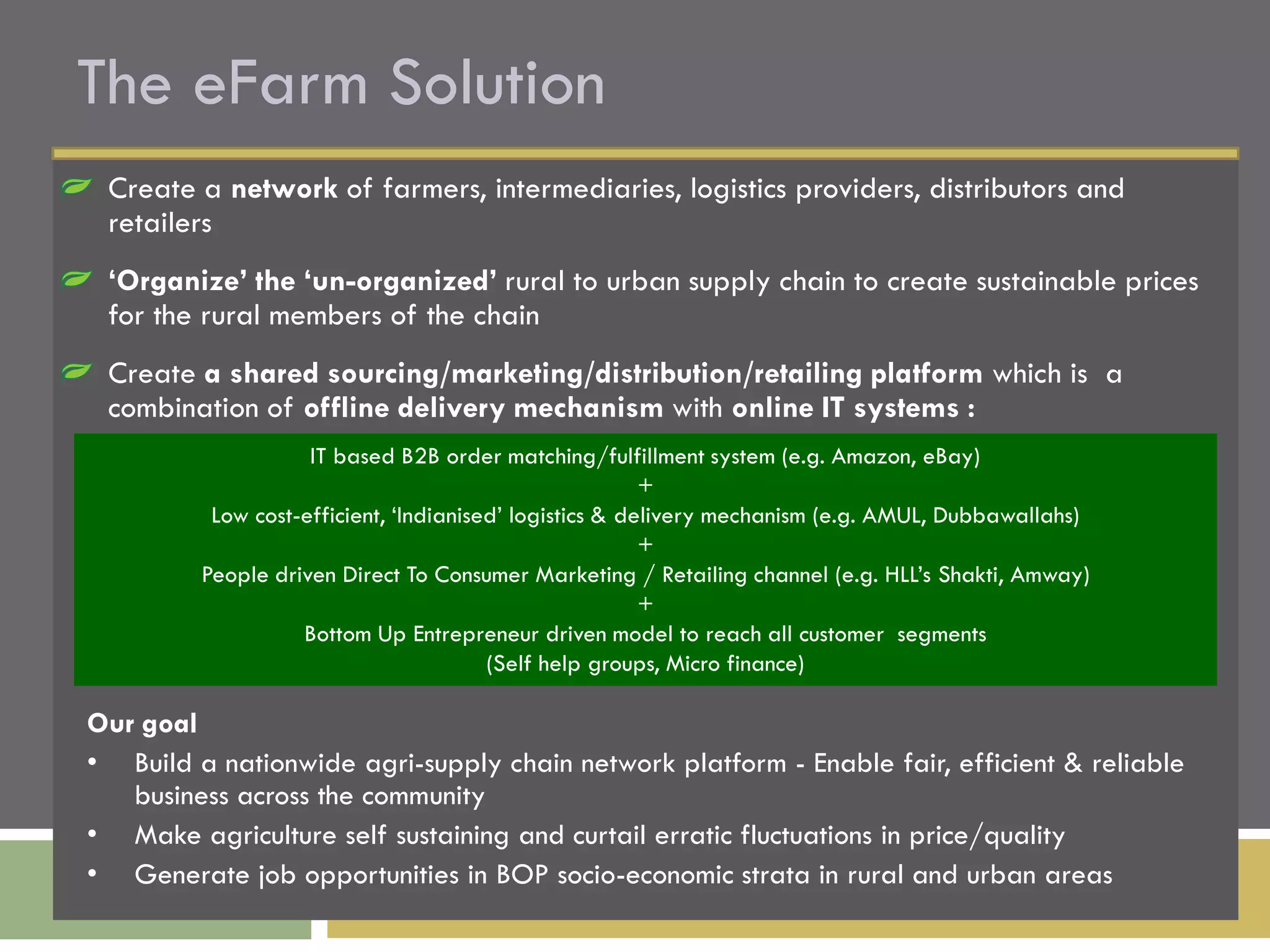 The eFarm Solution
 Create a network of farmers, intermediaries, logistics providers, distributors and
 retailers
 ‘Organize’ the ‘un-organized’ rural to urban supply chain to create sustainable prices
 for the rural members of the chain
 Create a shared sourcing/marketing/distribution/retailing platform which is a
 combination of offline delivery mechanism with online IT systems :
                    IT based B2B order matching/fulfillment system (e.g. Amazon, eBay)
                                                         +
          Low cost-efficient, ‘Indianised’ logistics & delivery mechanism (e.g. AMUL, Dubbawallahs)
                                                         +
         People driven Direct To Consumer Marketing / Retailing channel (e.g. HLL’s Shakti, Amway)
                                                         +
                   Bottom Up Entrepreneur driven model to reach all customer segments
                                        (Self help groups, Micro finance)

Our goal
• Build a nationwide agri-supply chain network platform - Enable fair, efficient & reliable
   business across the community
• Make agriculture self sustaining and curtail erratic fluctuations in price/quality
• Generate job opportunities in BOP socio-economic strata in rural and urban areas
 