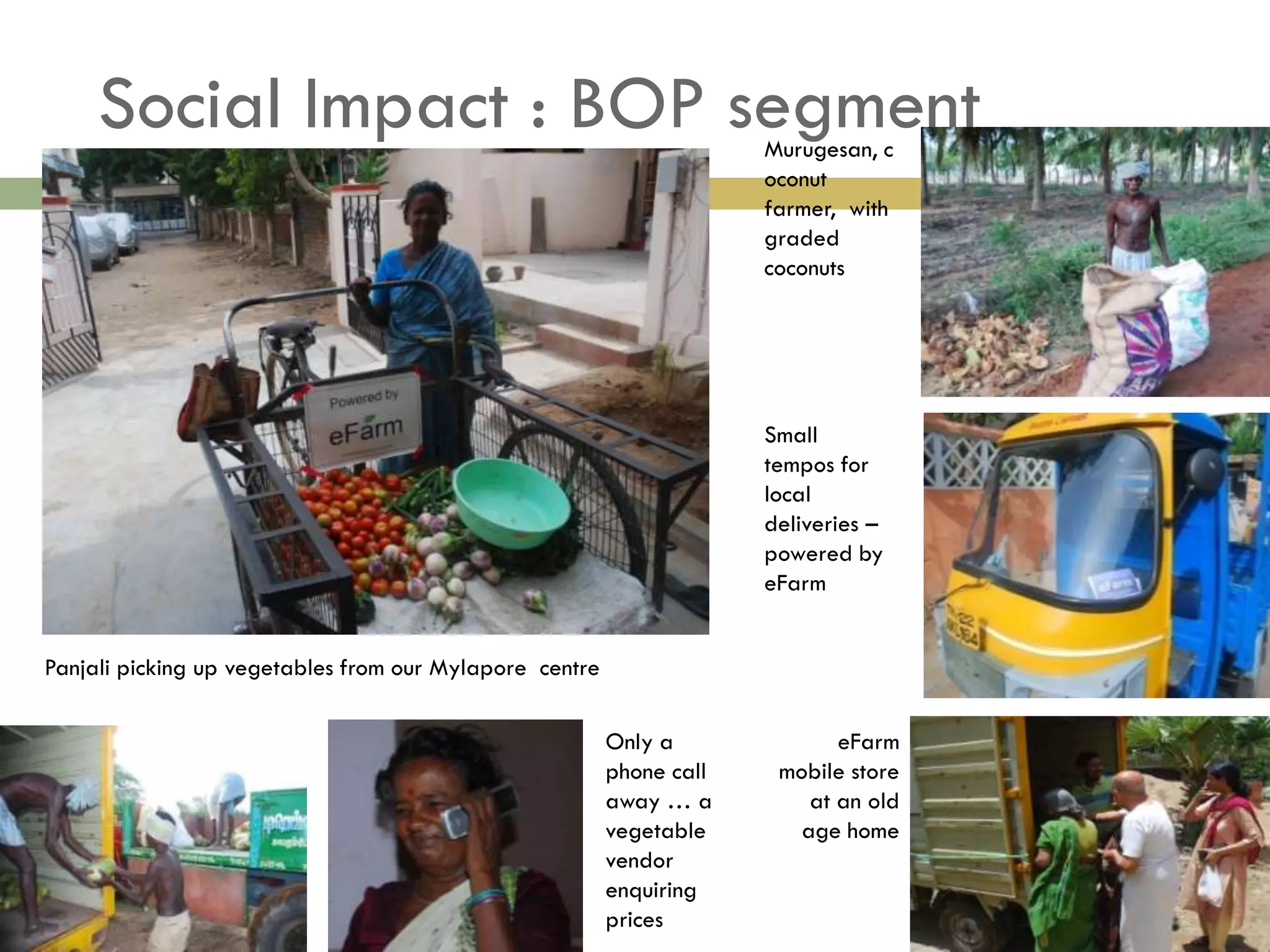 Social Impact : BOP segment                                      Murugesan, c
                                                                      oconut
                                                                      farmer, with
                                                                      graded
                                                                      coconuts




                                                                      Small
                                                                      tempos for
                                                                      local
                                                                      deliveries –
                                                                      powered by
                                                                      eFarm


Panjali picking up vegetables from our Mylapore centre

                                                         Only a              eFarm
                                                         phone call    mobile store
                                                         away … a         at an old
                                                         vegetable       age home
                                                         vendor
                                                         enquiring
                                                         prices
 