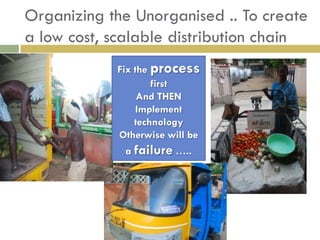 Organizing the Unorganised .. To create
a low cost, scalable distribution chain
            Fix the process
                    first
                 And THEN
                 Implement
                technology
            Otherwise will be
             a failure …..
 