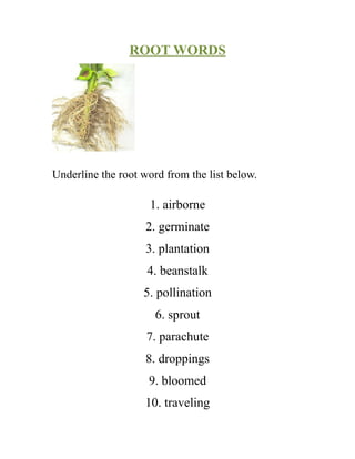 ROOT WORDS




Underline the root word from the list below.

                    1. airborne
                    2. germinate
                    3. plantation
                    4. beanstalk
                   5. pollination
                      6. sprout
                    7. parachute
                    8. droppings
                    9. bloomed
                   10. traveling
 