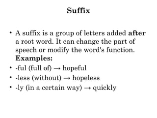 Suffix
• A suffix is a group of letters added after
a root word. It can change the part of
speech or modify the word's function.
Examples:
• -ful (full of) → hopeful
• -less (without) → hopeless
• -ly (in a certain way) → quickly
 