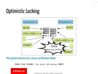 Optimistic Locking
The system returns error 149 as certification failed:
ERROR 1180 (HY000): Got error 149 during COMMIT
Copyright @ 2017 Oracle and/or its affiliates. All rights reserved.
104 / 148
 