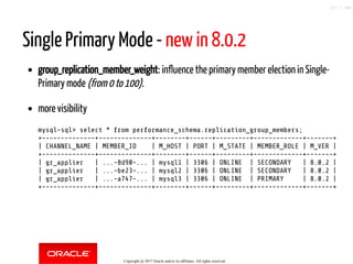 Single Primary Mode - new in 8.0.2
group_replication_member_weight: influence the primary member election in Single-
Primary mode (from 0 to 100).
more visibility
mysql-sql> select * from performance_schema.replication_group_members;
+--------------+--------------+--------+------+---------+-------------+-------+
| CHANNEL_NAME | MEMBER_ID | M_HOST | PORT | M_STATE | MEMBER_ROLE | M_VER |
+--------------+--------------+--------+------+---------+-------------+-------+
| gr_applier | ...-8d90-... | mysql1 | 3306 | ONLINE | SECONDARY | 8.0.2 |
| gr_applier | ...-be23-... | mysql2 | 3306 | ONLINE | SECONDARY | 8.0.2 |
| gr_applier | ...-a747-... | mysql3 | 3306 | ONLINE | PRIMARY | 8.0.2 |
+--------------+--------------+--------+------+---------+-------------+-------+
Copyright @ 2017 Oracle and/or its affiliates. All rights reserved.
127 / 148
 