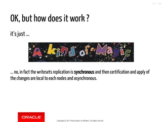OK, but how does it work ?
it´s just ...
... no, in fact the writesets replication is synchronous and then certification and apply of
the changes are local to each nodes and asynchronous.
Copyright @ 2017 Oracle and/or its affiliates. All rights reserved.
42 / 148
 
