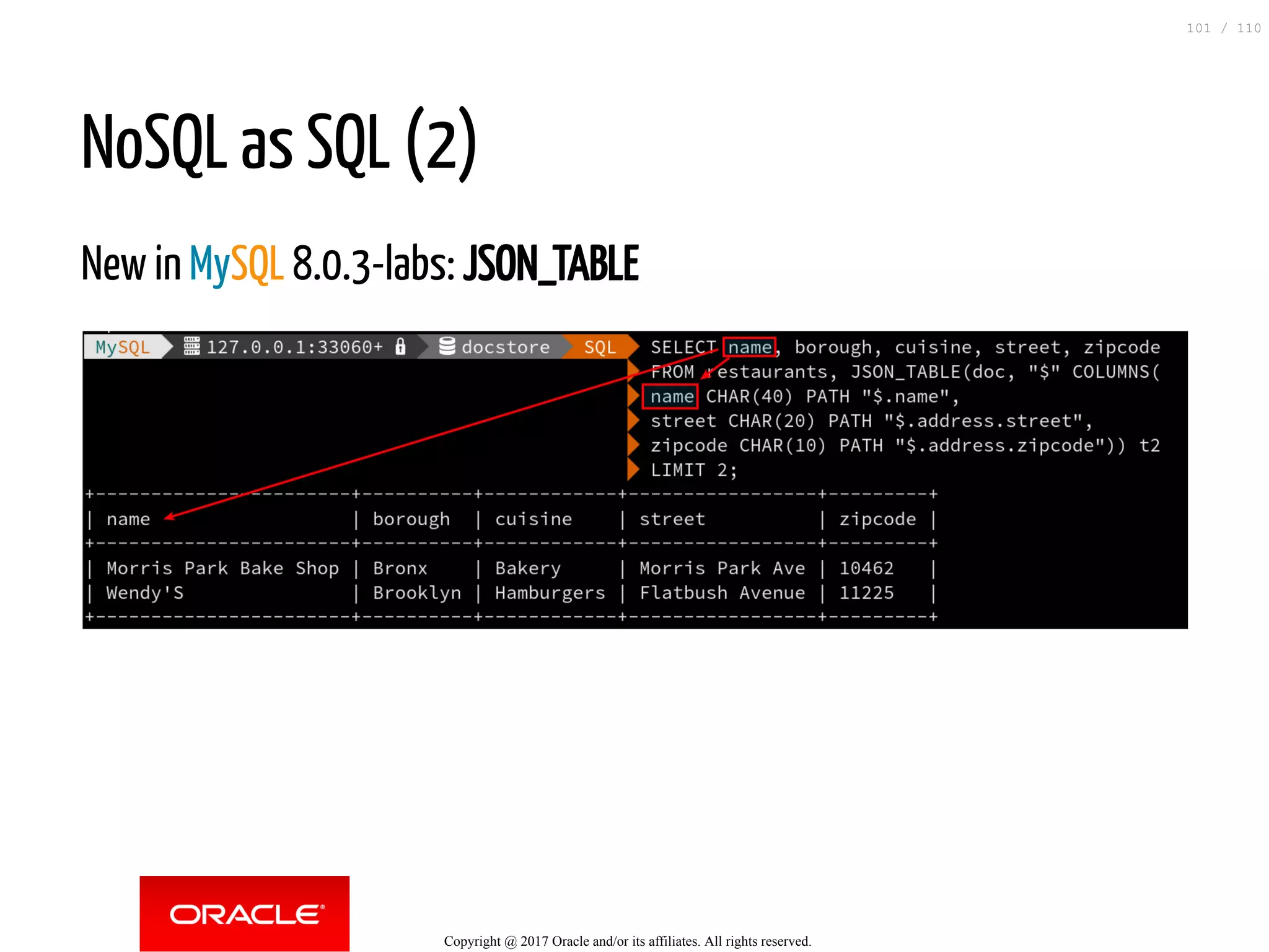 NoSQL as SQL (2) New in MySQL 8.0.3-labs: JSON_TABLE Copyright @ 2017 Oracle and/or its affiliates. All rights reserved. 101 / 110 