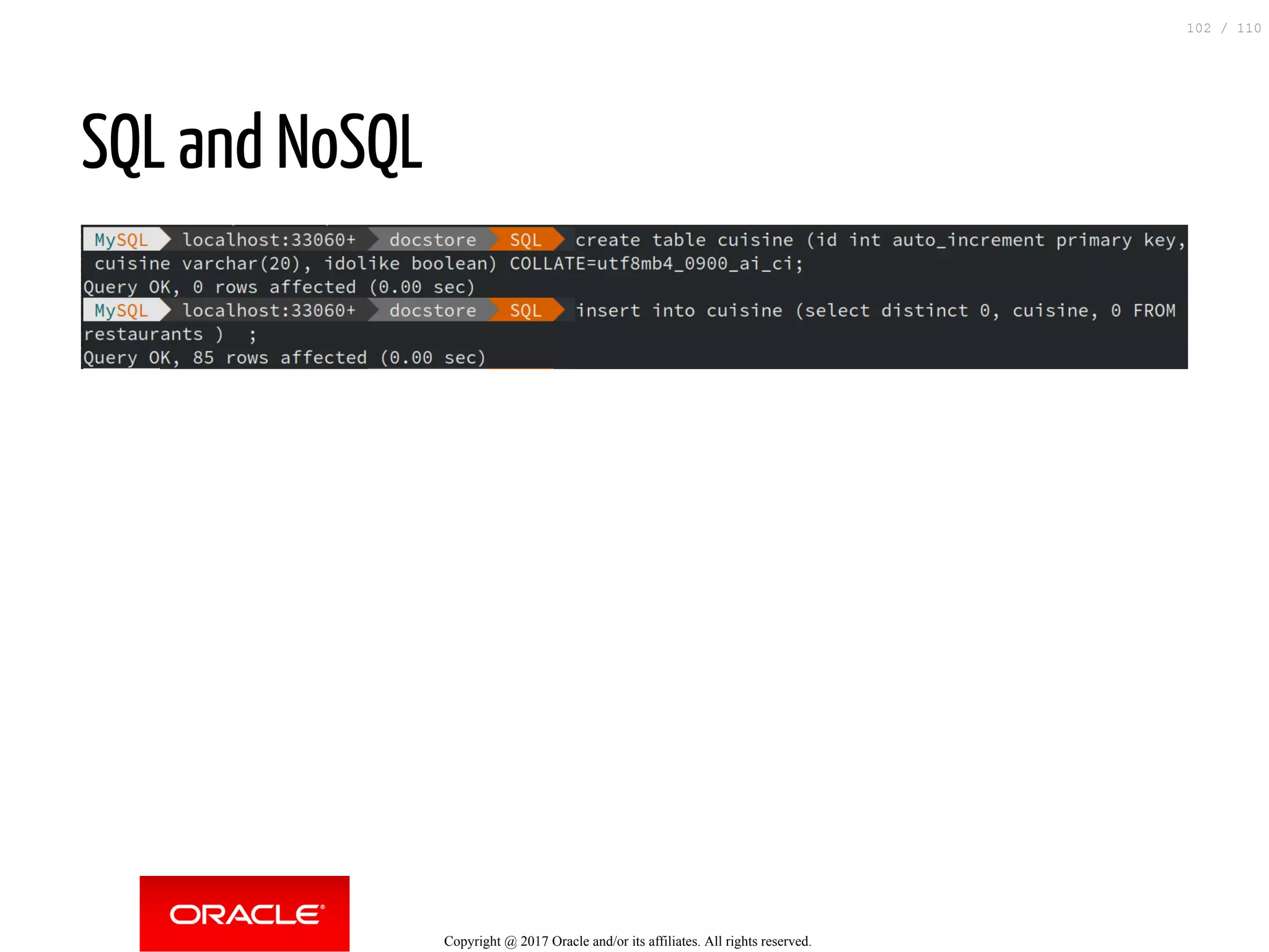 SQL and NoSQL Copyright @ 2017 Oracle and/or its affiliates. All rights reserved. 102 / 110 