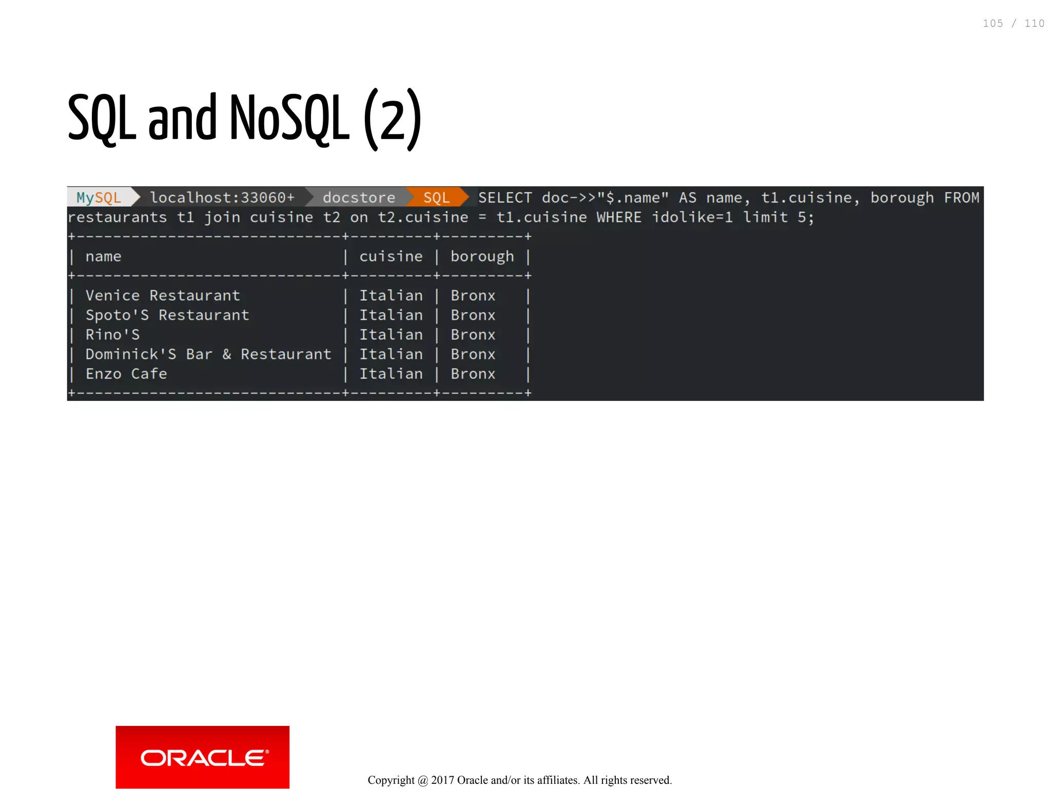 SQL and NoSQL (2) Copyright @ 2017 Oracle and/or its affiliates. All rights reserved. 105 / 110 