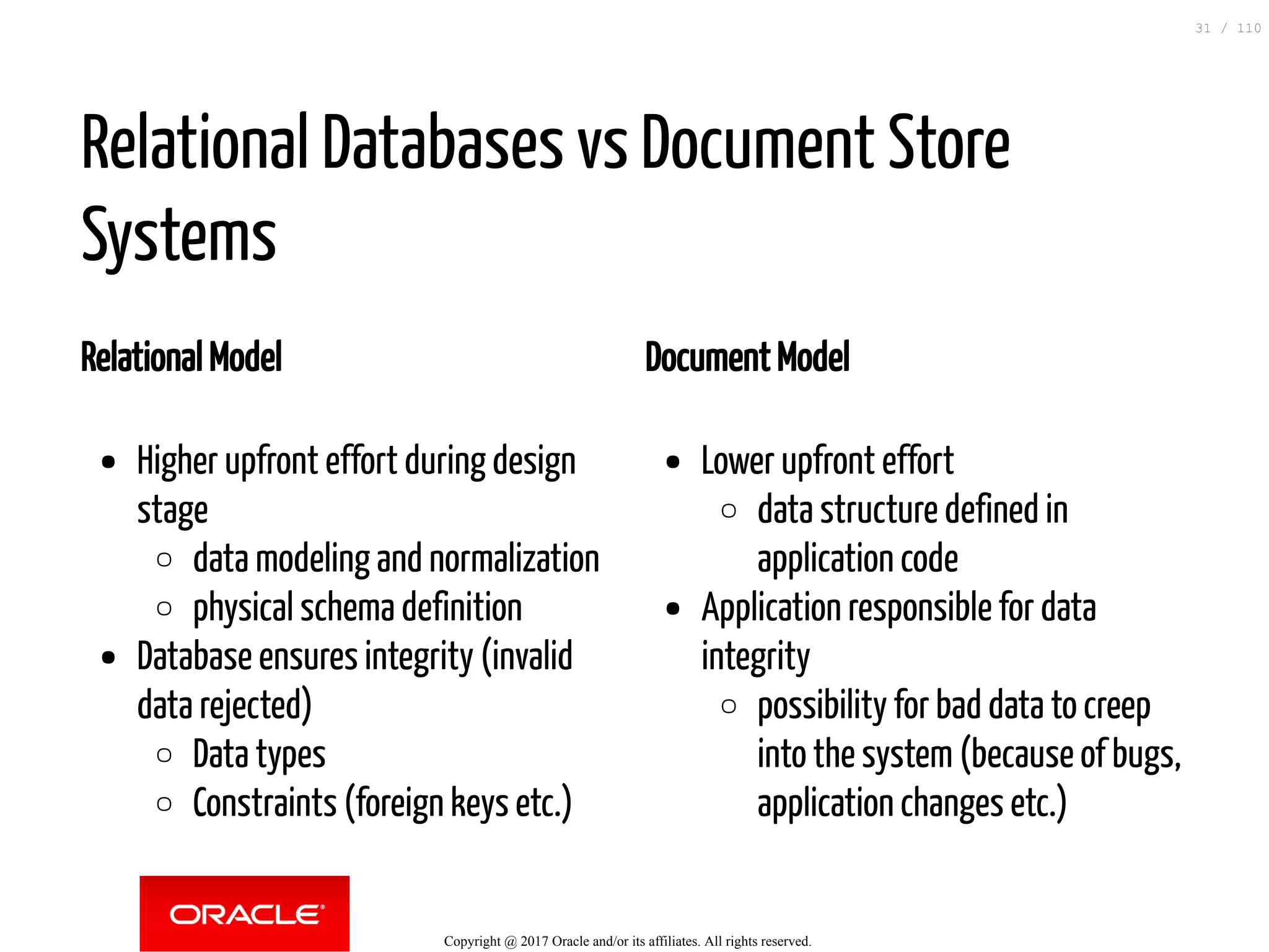 Relational Model Higher upfront effort during design stage data modeling and normalization physical schema definition Database ensures integrity (invalid data rejected) Data types Constraints (foreign keys etc.) Document Model Lower upfront effort data structure defined in application code Application responsible for data integrity possibility for bad data to creep into the system (because of bugs, application changes etc.) Relational Databases vs Document Store Systems Copyright @ 2017 Oracle and/or its affiliates. All rights reserved. 31 / 110 