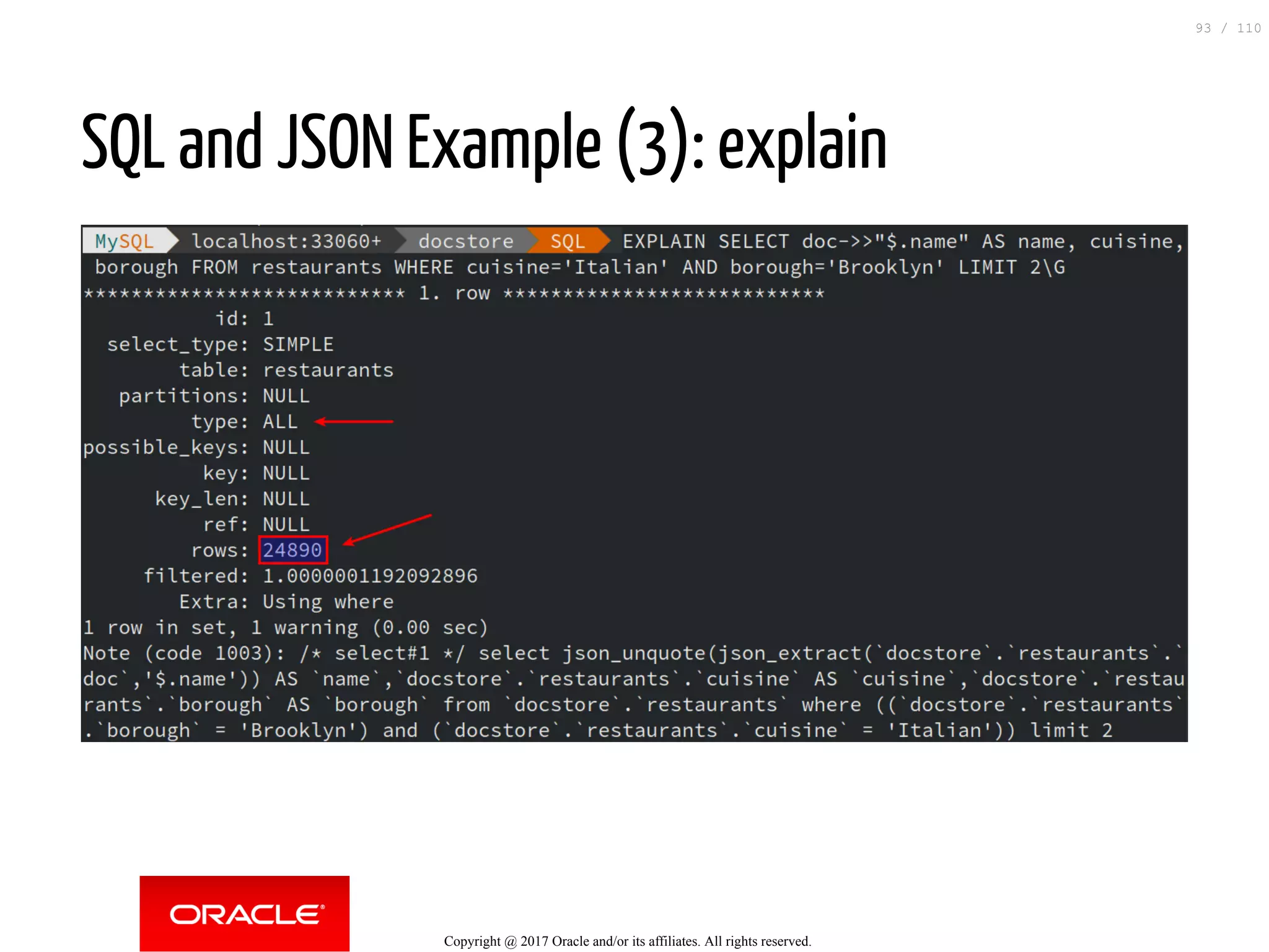 SQL and JSON Example (3): explain Copyright @ 2017 Oracle and/or its affiliates. All rights reserved. 93 / 110 