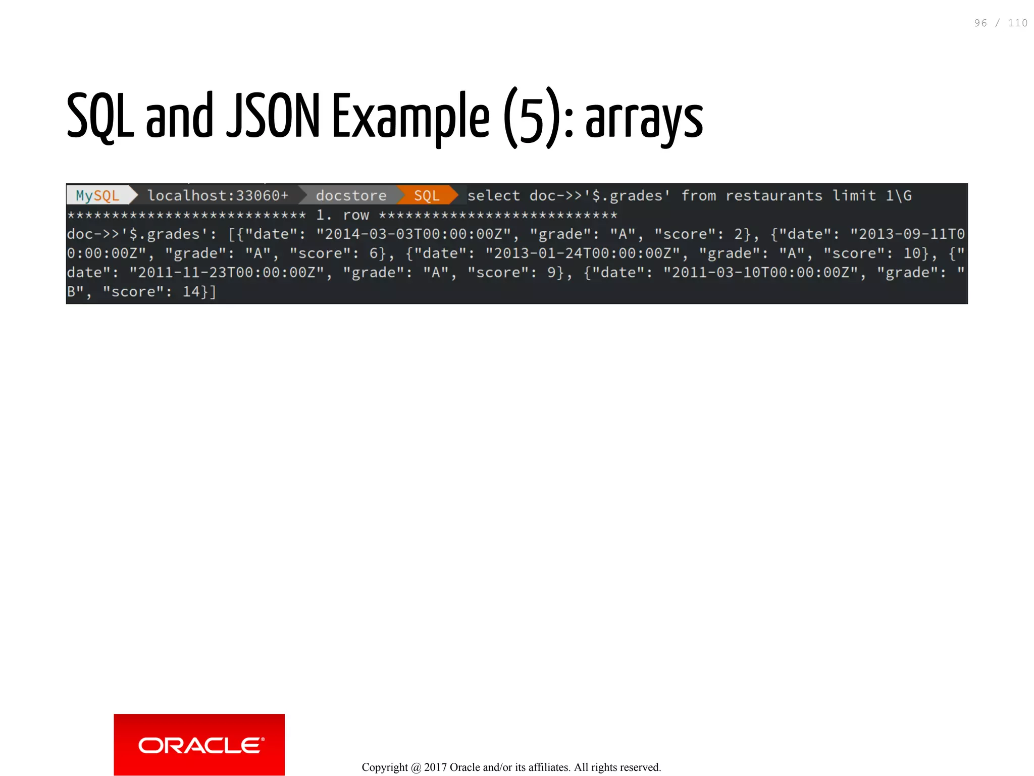 SQL and JSON Example (5): arrays Copyright @ 2017 Oracle and/or its affiliates. All rights reserved. 96 / 110 