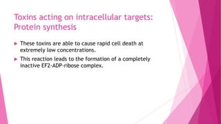 Toxins acting on intracellular targets:
Protein synthesis


These toxins are able to cause rapid cell death at
extremely low concentrations.



This reaction leads to the formation of a completely
inactive EF2-ADP-ribose complex.

 