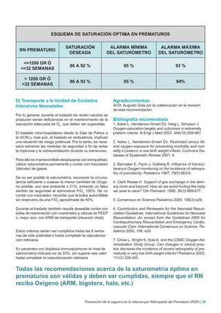 ESQUEMA DE SATURACIóN óPTIMA EN PREMATUROS

                              SATURACIóN                   ALARMA MÍNIMA                   ALARMA MáXIMA
  RN PREMATURO
                               DESEADA                    DEL SATURóMETRO                 DEL SATURóMETRO

    <=1200 GR ó
                                 86 A 92 %                         85 %                              93 %
   <=32 SEMANAS

    > 1200 GR ó
                                 86 A 93 %                         85 %                               94%
   >32 SEMANAS


D) Transporte a la Unidad de Cuidados                       Agradecimientos:
Intensivos Neonatales:                                      Al Dr. Augusto Sola por la colaboración en la revisión
                                                            de esta recomendación.
Por lo general, durante el traslado de recién nacidos se
producen serias deficiencias en el mantenimiento de la      Bibliografía recomendada
saturación adecuada de O2, que deben ser superadas.         1. Askie L, Henderson-Smart DJ, Irwig L, Simpson J.
                                                            Oxygen-saturation targets and outcomes in extremely
El traslado intra-hospitalario desde la Sala de Partos a    preterm infants. N Engl J Med 2003; 349(10):959-967.
la UCIN y, más aún, el traslado en ambulancia, implican
una situación de riesgo potencial. Por lo tanto, es nece-   2. Askie L, Henderson-Smart DJ. Restricted versus lib-
sario extremar las medidas de seguridad a fin de evitar     eral oxygen exposure for preventing morbidity and mor-
la hiperoxia y la sobreventilación durante su transcurso.   tality in preterm or low birth weight infants. Cochrane Da-
                                                            tabase of Systematic Review 2001; 4.
Para ello es imprescindible desplazarse con tranquilidad,
utilizar saturometría permanente y contar con mezclador     3. Bancalari E, Flynn J, Golberg R. Influence of transcu-
(blender) de gases.                                         taneous Oxygen monitoring on the incidence of retinopa-
                                                            thy of prematurity. Pediatrics 1987; 79(5):663-9.
De no ser posible la saturometría, reconocer la circuns-
tancia deficiente y evaluar la menor cantidad de Oxíge-     4. Clark Reese H. Support of gas exchange in the deliv-
no posible, aun aire ambiente o 21%, evitando un falso      ery room and beyond: How do we avoid hurting the baby
sentido de seguridad al administrar FiO2 100%. De no        we seek to save? Clin Perinatol, 1999; 26(3):669-677.
contar con mezclador, recordar que la bolsa autoinflable
sin reservorio da una FiO2 aproximada de 40%.               5. Consensus on Science Pediatrics 2000; 106(3):e29.

Durante el traslado también resulta deseable contar con     6. Contributors and Reviewers for the Neonatal Resus-
bolsa de reanimación con manómetro y válvula de PEEP        citation Guidelines. International Guidelines for Neonatal
o, mejor aún, con ARM de transporte (situación ideal).      Resuscitation: An except from the Guidelines 2000 for
                                                            Cardiopulmonary Resuscitation and Emergency Cardio-
                                                            vascular Care: International Consensus on Science. Pe-
Estos criterios deben ser cumplidos hasta las 8 sema-       diatrics 2000; 106: e29.
nas de vida postnatal o hasta completar la vasculariza-
ción retiniana.                                             7. Chow L, Wright K, Sola A. and the CSMC Oxygen Ad-
                                                            ministration Study Group. Can changes in clinical prac-
En pacientes con displasia broncopulmonar el nivel de       tice decrease the incidence of severe retinopathy of pre-
saturometría indicado es de 93%, sin superar ese valor      maturity in very low birth weight infants? Pediatrics 2003;
hasta completar la vascularización retiniana.               111(2):339-345.


Todas las recomendaciones acerca de la saturometría óptima en
prematuros son válidas y deben ser cumplidas, siempre que el RN
reciba Oxígeno (ARM, bigotera, halo, etc.)


                                          Prevención de la ceguera en la infancia por Retinopatía del Prematuro (ROP) | 29
 
