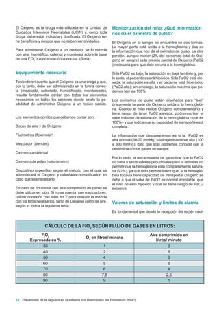 El Oxígeno es la droga más utilizada en la Unidad de            Monitorización del niño: ¿Qué información
Cuidados Intensivos Neonatales (UCIN) y, como toda              nos da el oxímetro de pulso?
droga, debe estar indicada y dosificada. El Oxígeno tie-
ne beneficios y riesgos que no deben ser olvidados.             El Oxígeno en la sangre se encuentra en dos formas.
                                                                La mayor parte está unida a la hemoglobina y ésa es
Para administrar Oxígeno a un neonato, se lo mezcla             la información que nos da el oxímetro de pulso. La otra
con aire, humidifica, calienta y monitorea sobre la base        porción, aunque menor (2% del contenido total de Oxí-
de una FiO2 o concentración conocida. (Soria)                   geno en sangre) es la presión parcial de Oxígeno (PaO2
                                                                ) necesaria para que éste se una a la hemoglobina.

Equipamiento necesario                                          Si la PaO2 es baja, la saturación es baja también y, por
                                                                lo tanto, el paciente estará hipóxico. Si la PaO2 está ele-
Teniendo en cuenta que el Oxígeno es una droga y que,           vada, la saturación es alta y el paciente está hiperóxico
por lo tanto, debe ser administrada en la forma correc-         (PaO2 alta); sin embargo, la saturación máxima que po-
ta (mezclado, calentado, humidificado, monitoreado),            demos leer es 100%
resulta fundamental contar con todos los elementos
necesarios en todos los sectores donde existe la po-            Los oxímetros de pulso están diseñados para “leer”
sibilidad de administrar Oxígeno a un recién nacido.            únicamente la parte de Oxígeno unida a la hemoglobi-
                                                                na. Cuando el niño recibe Oxígeno complementario y
                                                                tiene riesgo de tener PaO2 elevada, podremos leer el
Los elementos con los que debemos contar son:                   valor máximo de saturación de la hemoglobina –que es
                                                                100%– y que indica que su capacidad de transporte está
Bocas de aire y de Oxígeno                                      completa.

Flujímetros (flowmeter)                                         La información que desconocemos es si la PaO2 es
                                                                alta normal (50-70 mmHg) o iatrogénicamente alta (100
Mezclador (blender)                                             a 300 mmHg), dato que sólo podremos conocer con la
                                                                determinación de gases en sangre.
Oxímetro ambiental
                                                                Por lo tanto, la única manera de garantizar que la PaO2
Oxímetro de pulso (saturómetro)                                 no suba a estos valores perjudiciales para la retina es no
                                                                permitir que la hemoglobina esté completamente satura-
Dispositivo específico según el método con el cual se           da (92%), ya que esto permite inferir que, si la hemoglo-
administrará el Oxígeno y calentador-humidificador, en          bina todavía tiene capacidad de transportar Oxígeno se
caso que sea necesario.                                         debe a que el valor de PaO2 es normal aceptable, que
                                                                el niño no está hipóxico y que no tiene riesgo de PaO2
En caso de no contar con aire comprimido de pared se            excesiva.
debe utilizar en tubo. Si no se cuenta con mezcladores,
utilizar conexión con tubo en Y para realizar la mezcla
con los litros necesarios, tanto de Oxígeno como de aire,       Valores de saturación y límites de alarma
según lo indica la siguiente tabla:
                                                                Es fundamental que desde la recepción del recién naci-


                   CáLCULO DE LA FIO2 SEGúN FLUjO DE GASES EN LITROS:
              FIO2                                                                      Aire comprimido en
                                              O2 en litros/ minuto
         Expresada en %                                                                    litros/ minuto
                  30                                      1                                        9
                  40                                      2                                        8
                  50                                      4                                        6
                  60                                      5                                        5
                  70                                      6                                        4
                  80                                     7,5                                      2,5
                  90                                      9                                        1



32 | Prevención de la ceguera en la infancia por Retinopatía del Prematuro (ROP)
 