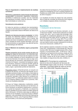 Paso 2: Capacitación e implementación de medidas               El análisis final de las Etapas Iª y IIª fue presentado como
correctivas                                                    trabajo de investigación en el 34º Congreso Argentino de
                                                               Pediatría de octubre 2006, obteniendo el Premio Accesit
Motivación y capacitación a todo el equipo de salud acer-      de dicho Congreso. 5
ca de la ROP: su prevención, diagnóstico, tratamiento,
pronóstico e implicancias sociales. Con los materiales         Los resultados de todas las etapas han sido presenta-
de capacitación enviados, todos los Servicios desarro-         das en todas las Jornadas de prevención de la ceguera
llaron actividades en varios turnos .                          y en múltiples congresos afines a la temática.

Normatización de la asistencia
                                                               Resultados
En todos los servicios se aplicaron las recomendacio-          1. Evaluación de los Servicios
nes para la administración de Oxígeno y el control oftal-
mológico propiciadas desde el Ministerio de Salud de la        La Guía de Evaluación de Servicios demostró, en los
Nación.                                                        14 Servicios iniciales –donde dicha evaluación se repitió
                                                               durante tres años– que la media del porcentaje máxi-
Relación con Servicios de menor complejidad: en todos          mo posible de cumplimiento global fue de 51,7% (rango
los casos, los referentes realizaron actividades de ca-        26%-83%) en el año 2004; de 60,7% (rango 45% - 83%)
pacitación que incluyeron visitas a, por lo menos, dos         en el año 2005; y de 57,3% (rango 36%-71%) en 2006.
servicios de menor complejidad, desde donde reciben la         Hubo una mejoría mucho más notable en aquellos servi-
mayor cantidad de recién nacidos derivados, por lo que         cios que habían tenido una peor evaluación en el año de
los conocimientos se expandieron mas allá del Servicio         inicio de la intervención. (Gráfico Nº 3)
de Neonatología del referente.
                                                               De los distintos aspectos evaluados en la Guía –Planta
Paso 3: Medición de resultados, logros y propuestas            Física (PF), Equipamiento e Instrumental (EI), Recurso
futuras                                                        Humano (RH), Servicios Complementarios (SC) y Orga-
                                                               nización y Funcionamiento (OF)–, el RH fue el más in-
Registro prospectivo de los recién nacidos de julio a di-      suficiente en la mayoría de los servicios (media de 32%
ciembre (en etapa de intervención). Los referentes reali-      para el año 2004; 40% para el año 2005 y 43% para el
zaron la recolección del mismo tipo de registros de niños      año 2006), a pesar de ser el que muestra una mejoría
que se había realizado en forma retrospectiva en cada          más notable a lo largo de los tres años. (Gráfico 4 )
uno de los Servicios. En todos los casos se dejó cons-
tancia del peso de nacimiento, edad gestacional, reque-
                                                               Gráfico Nº 3: Porcentaje de cumplimiento
rimientos de Oxígeno, necesidad de asistencia respira-
toria mecánica, presencia o ausencia de ROP, grado de          total de la Guía de Evaluación de Servicios de
la misma, necesidad de tratamiento, tratamiento efec-          Neonatología según cada uno de los 14 servicios
tuado y lugar u oportunidad perdida de tratamiento.            originales, y promedio global de cada uno de los
                                                               años. Años 2004-2006. República Argentina.
Propuestas a futuro: al final del período, en conjunto con         90
la jefatura de Servicio, la Dirección del Hospital, las au-                         Prom edio 2004: 51,7%
                                                                                               2005: 60,7%
toridades sanitarias locales, provinciales y nacionales se         80
                                                                                               2006: 57,3%
debían proponer estrategias para mejorar la calidad de             70
la atención neonatal y para disminuir la incidencia de-
tectada de ROP. Los referentes debían estar en contacto            60

con el Programa Materno Infantil de su provincia, infor-
                                                                   50                                                                             Año 2004
mando los resultados obtenidos.                                                                                                                   Año 2005
                                                               %




                                                                   40                                                                             Año 2006

El Grupo de Trabajo colaborativo multicéntrico analizó
                                                                   30
cada uno de los informes elevados por los Servicios en
forma individual, se solicitaron aclaraciones o correccio-         20

nes cuando fue necesario y, finalmente, se volcaron los
datos en planillas Excel para realizar el análisis global de       10


dicha información. Al final de cada etapa se elaboró un            0
informe con los resultados, el que fue enviado a UNICEF                 1   2   3     4    5    6      7      8     9    10   11   12   13   14
                                                                                                    Nº de s er v ic io
Argentina, a las autoridades de la Dirección Nacional de
Maternidad e Infancia, a los Programas Materno Infanti-
les provinciales y a los Servicios participantes.




                                            Prevención de la ceguera en la infancia por Retinopatía del Prematuro (ROP) | 59
 
