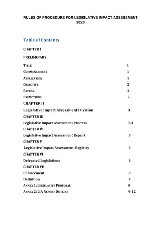 RULES OF PROCEDURE FOR LEGISLATIVE IMPACT ASSESSMENT
2020
Table	of	Contents	
CHAPTER	I		
PRELIMINARY	
TITLE																																																																																																																																																					1	
COMMENCEMENT																																																																																																																													1	
APPLICATION																																																																																																																																					1	
OBJECTIVE																																																																																																																																											2	
REPEAL																																																																																																																																																		2	
EXEMPTIONS																																																																																																																																							2	
CHAPTER	II		
Legislative	Impact	Assessment	Division																																													3	
CHAPTER	III	
Legislative	Impact	Assessment	Process	 	 	 	 3-4	
CHAPTER	IV	
Legislative	Impact	Assessment	Report	 	 	 	 	5	
CHAPTER	V	
	Legislative	Impact	Assessment		Registry	 	 	 	 	6	
CHAPTER	VI	
Delegated	Legislations	 	 	 	 	 	 	6	
CHAPTER	VII	
Enforcement	 	 	 	 	 	 	 	 	6	
Definition		 	 	 	 	 	 	 	 	7	
ANNEX	1:	LEGISLATIVE	PROPOSAL																																																																																										8	
ANNEX	2:	LIA	REPORT	OUTLINE																																																																																														9-12	
	 	
 