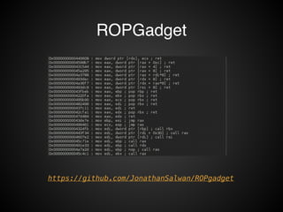 ROPGadget 
https://github.com/JonathanSalwan/ROPgadget 
 