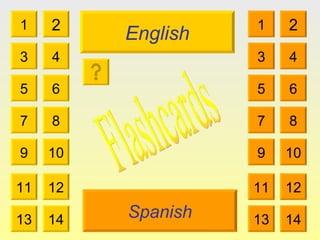 English Spanish 1 3 2 4 5 7 6 8 9 10 11 12 13 14 1 3 2 4 5 7 6 8 9 10 11 12 13 14 Flashcards 