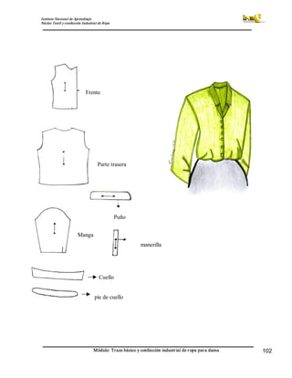 Instituto Nacional de Aprendizaje 
Núcleo Textil y confección Industrial de Ropa 
Módulo: Trazo básico y confección industrial de ropa para dama  102 
Frente 
Parte trasera 
Puño 
Manga 
manerilla 
Cuello 
pie de cuello
 