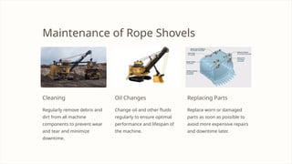 Maintenance of Rope Shovels
Cleaning
Regularly remove debris and
dirt from all machine
components to prevent wear
and tear and minimize
downtime.
Oil Changes
Change oil and other fluids
regularly to ensure optimal
performance and lifespan of
the machine.
Replacing Parts
Replace worn or damaged
parts as soon as possible to
avoid more expensive repairs
and downtime later.
 