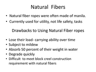 • Natural fiber ropes were often made of manila.
• Currently used for utility, not life safety, tasks
Drawbacks to Using Natural Fiber ropes
• Lose their load- carrying ability over time
• Subject to mildew
• Absorb 50 percent of their weight in water
• Degrade quickly
• Difficult to meet block creel construction
requirement with natural fibers
Natural Fibers
 