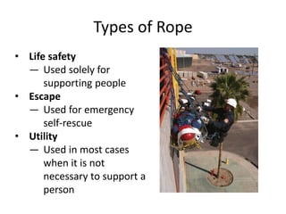 • Life safety
— Used solely for
supporting people
• Escape
— Used for emergency
self-rescue
• Utility
— Used in most cases
when it is not
necessary to support a
person
Types of Rope
 