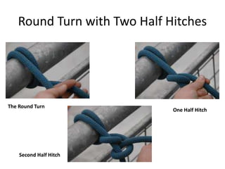 Round Turn with Two Half Hitches
The Round Turn
One Half Hitch
Second Half Hitch
 