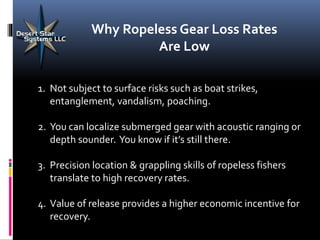 Why Ropeless Gear Loss Rates
Are Low
1. Not subject to surface risks such as boat strikes,
entanglement, vandalism, poachi...