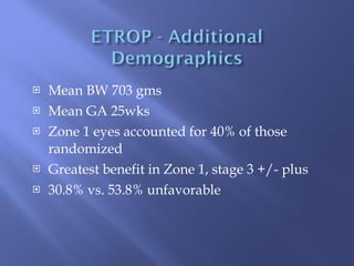 Mean BW 703 gms Mean GA 25wks Zone 1 eyes accounted for 40% of those randomized Greatest benefit in Zone 1, stage 3 +/- plus 30.8% vs. 53.8% unfavorable 