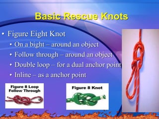 Basic Rescue Knots
• Figure Eight Knot
• On a bight – around an object
• Follow through – around an object
• Double loop –...
